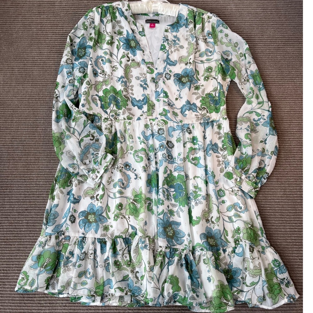 Vince Camuto Green Blue Floral Lurex Tiered Mini Dress Size Small V-Neck